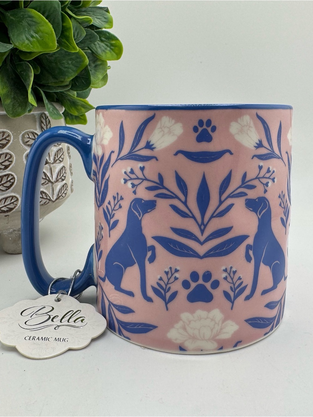 Bella Ceramic Mug Dog Pattern Pink Blue Paw Print Floral Pet Lover Gift New
